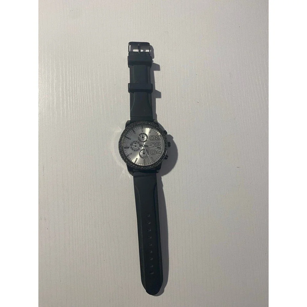 Men’s Rhinestone Chronograph Quartz Watch Black Rubber Strap Working